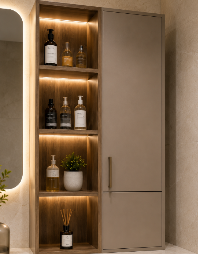 Premium Contemporary Floating Bathroom Vanity Design with Soft Beige Cabinetry, Integrated Organizer Drawers gallery