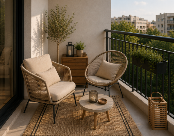 The Tranquil Urban Scandinavian Balcony Escape with Warm Wooden Accents and Sunset Serenity