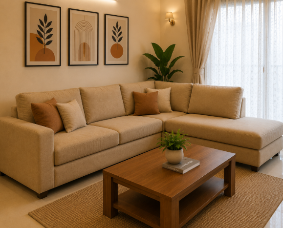 Luxury Contemporary Neutral-Tone Living Room Design with Elegant L-Shaped Sofa, Premium Wooden Coffee Table, Ambient LED Lighting and Sophisticated Modern Entertainment Wall gallery