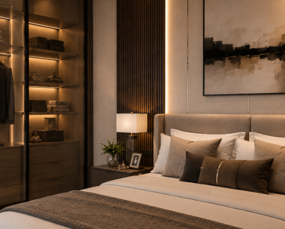 Contemporary Walnut Master Bedroom with Warm Ambient Lighting and Glass Wardrobe Design gallery