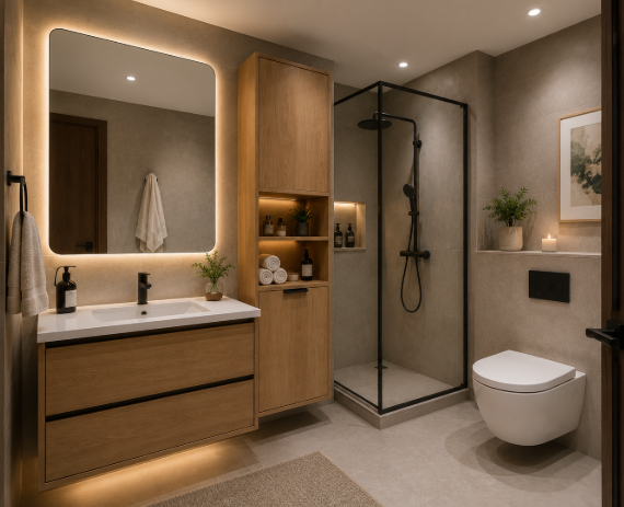 The Serene Walnut Luxe Bathroom Retreat with Warm Ambient Modern Elegance