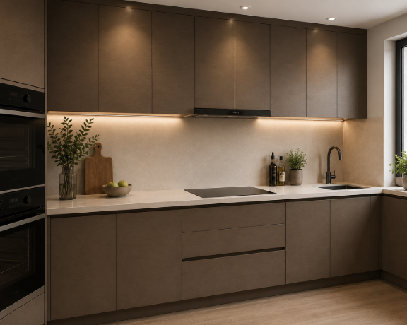 Contemporary Mocca Nat Straight Kitchen Design with Quartz Countertops gallery